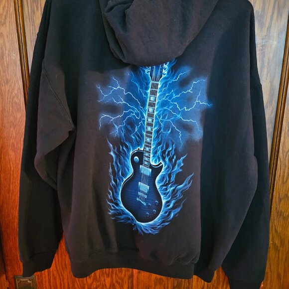 GUITAR BLUE LOGO LIGHTNING FLAMES SWEAT SHIRT PULLOVER HOODIE XL - Picture 6 of 8